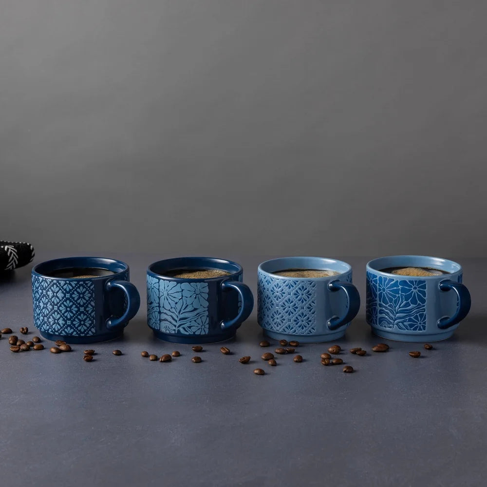 Indigo Bloom Stackable Stoneware Mug Set (4-Pack)