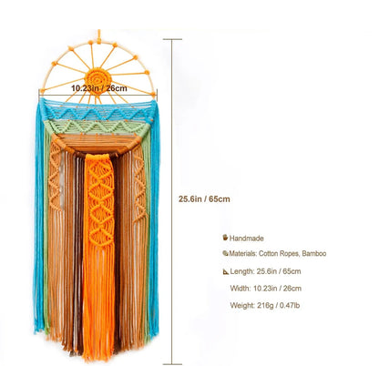 Macrame sun wall decor with dimensions and material details on a white background