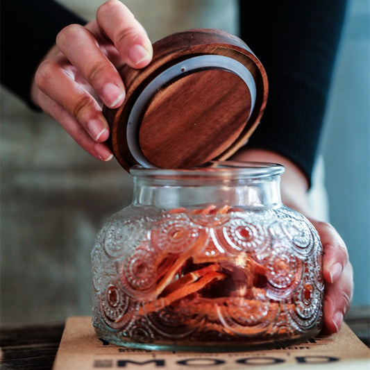 Retro Carved Wooden Lid Glass Jar