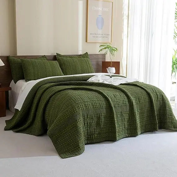 The Olive Retreat Waffle Quilt Coverlet Set
