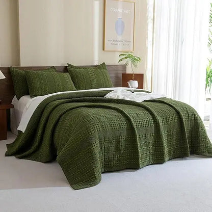 The Olive Retreat Waffle Quilt Coverlet Set