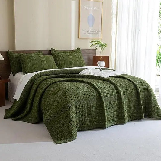 The Olive Retreat Waffle Quilt Coverlet Set