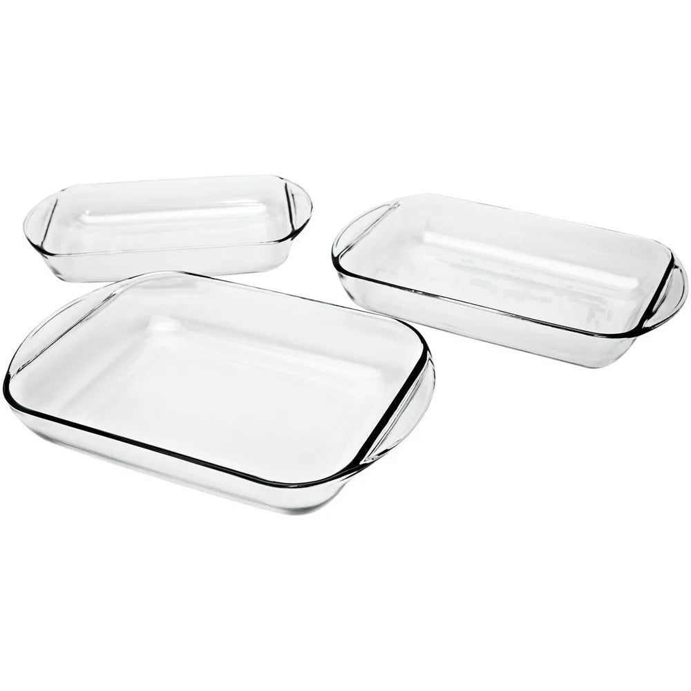 Set of three clear glass baking dishes with an American flag and fast delivery icon on a white background.