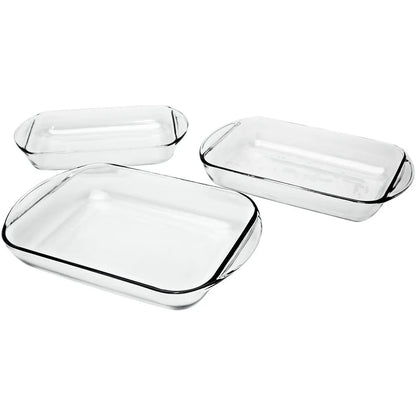 Set of three clear glass baking dishes with an American flag and fast delivery icon on a white background.