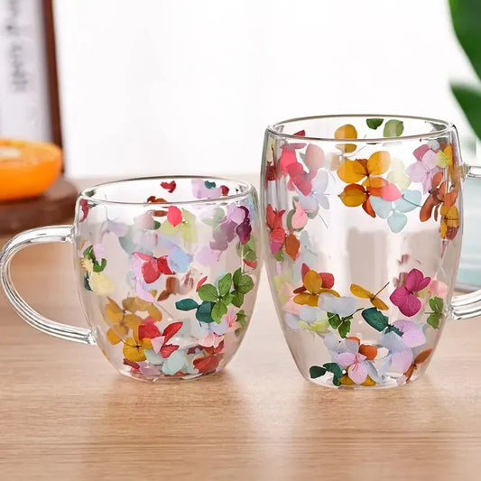 Colorful Dried Flower Double Wall Glass Mug