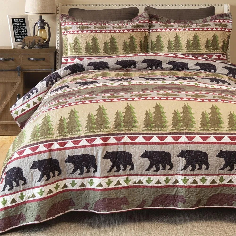 Rustic Bear Stripe 3-Piece Microfiber Quilt Set