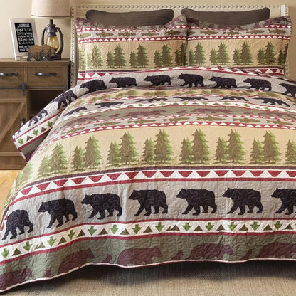 Rustic Bear Stripe 3-Piece Microfiber Quilt Set