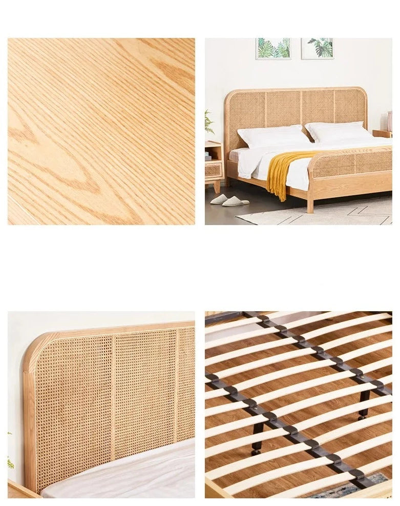 Natural Teak Wood Bed Rattan Headboard