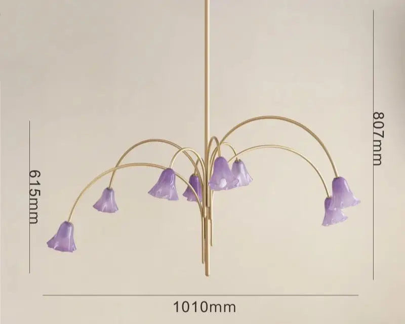 Chandelier with purple glass shades and gold metal structure, shown with dimensions on a beige background.