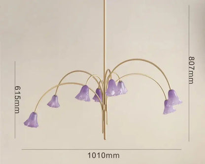 Chandelier with purple glass shades and gold metal structure, shown with dimensions on a beige background.