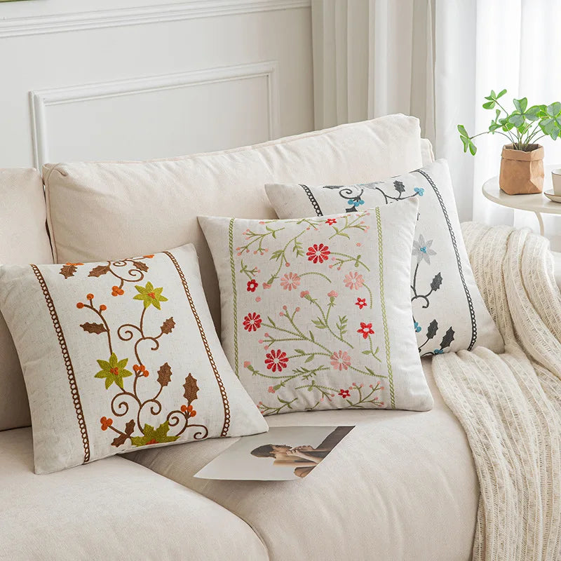 Floral Vine Embroidered Cushion Throw Pillow Cover