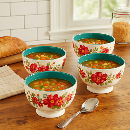 Teal Garden Vintage Footed Bowl Set of 4