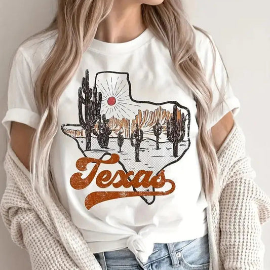 Person wearing a white t-shirt with a Texas graphic design.