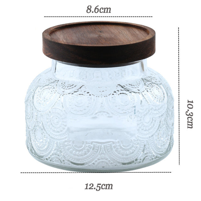 Retro Carved Wooden Lid Glass Jar