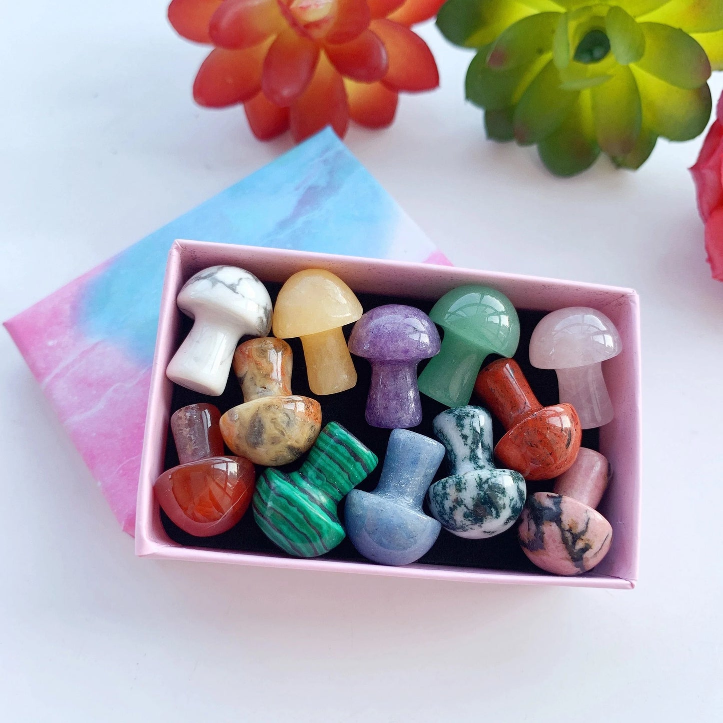 12pc Natural Crystal Mini Mushroom Gift Box Blackbrdstore