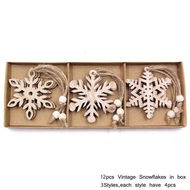 12pcs Vintage Wooden Snowflake Christmas Tree Decor Blackbrdstore