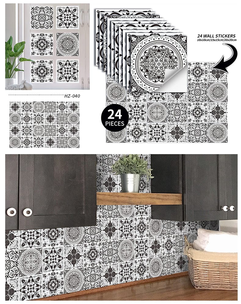 24pcs Mandala Retro Pattern Glossy Tiles Sticker Blackbrdstore