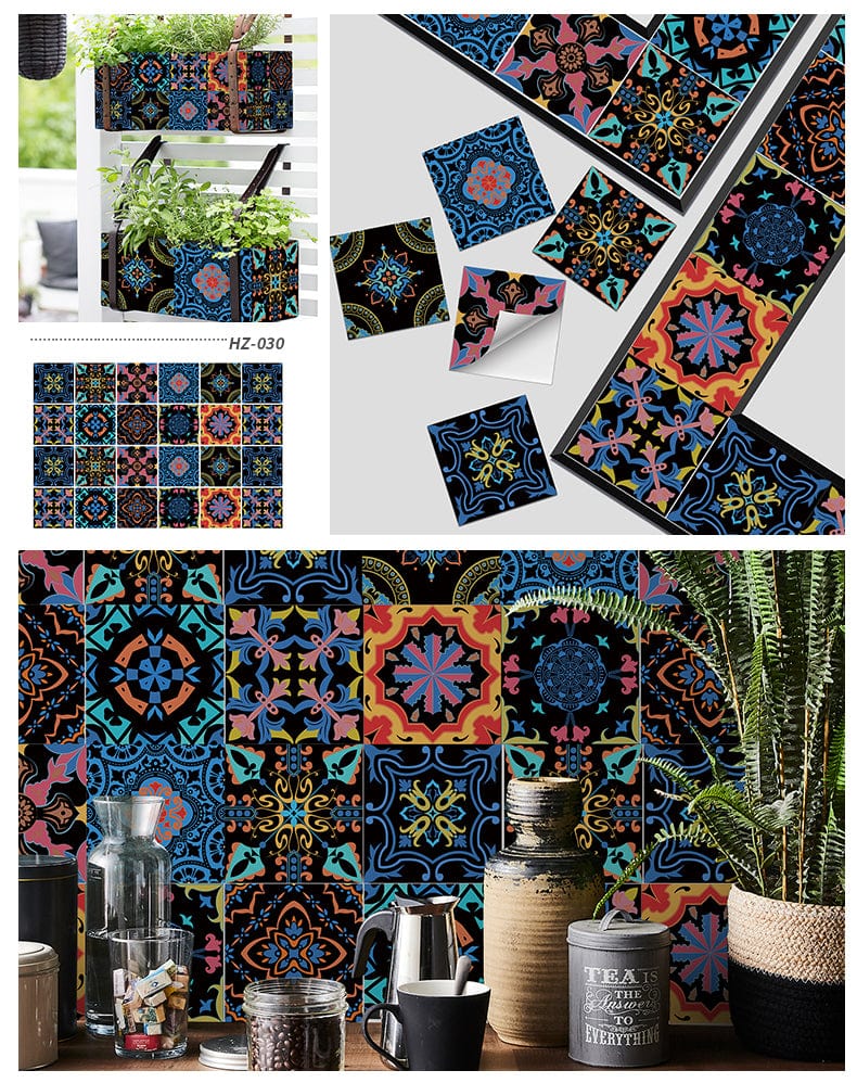 24pcs Mandala Retro Pattern Glossy Tiles Sticker Blackbrdstore