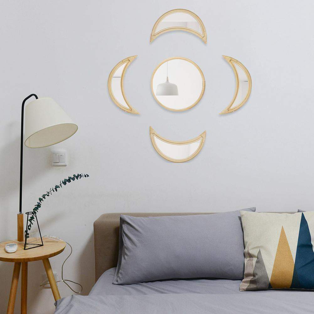 5pcs/3pcs Set Rattan Moon Phase Wall Art Mirrors Blackbrdstore