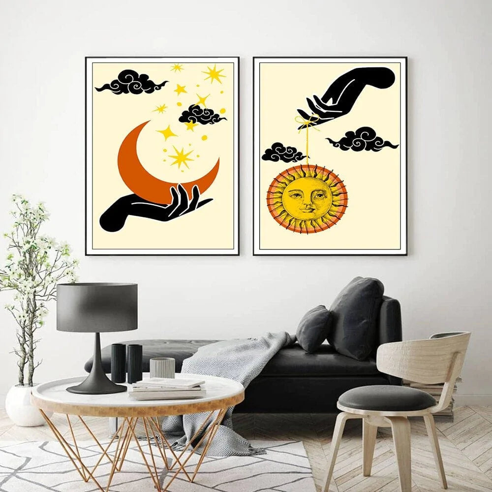 Abstract Mystic Sun and Moon Hand Wall Art Canvas Blackbrdstore