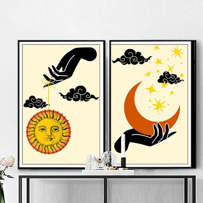 Abstract Mystic Sun and Moon Hand Wall Art Canvas Blackbrdstore