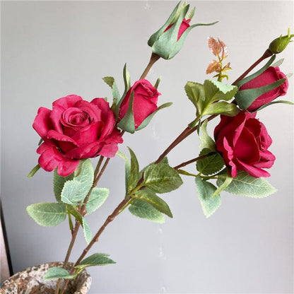 Artificial 4 Heads Roses Branch With Leaves Blackbrdstore