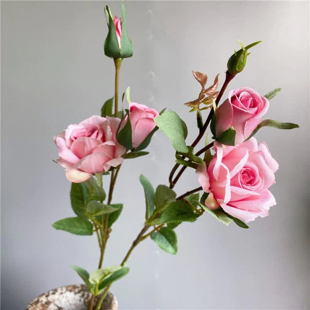 Artificial 4 Heads Roses Branch With Leaves Blackbrdstore