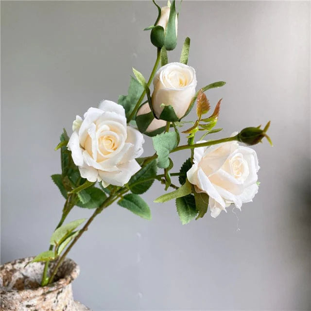 Artificial 4 Heads Roses Branch With Leaves Blackbrdstore