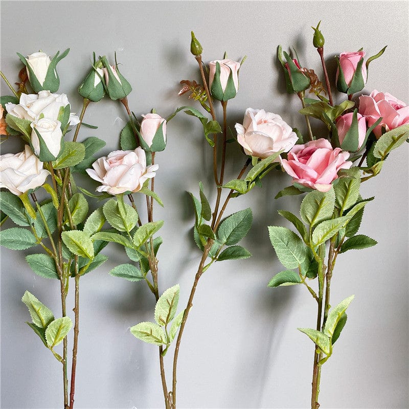 Artificial 4 Heads Roses Branch With Leaves Blackbrdstore