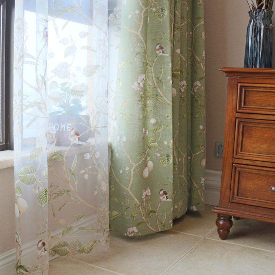 Blackout Green Curtains with Floral Birds Patterns Blackbrdstore