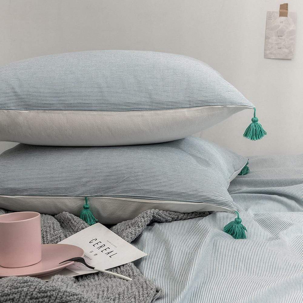 Blue Cotton Tassel Duvet Cover set Blackbrdstore