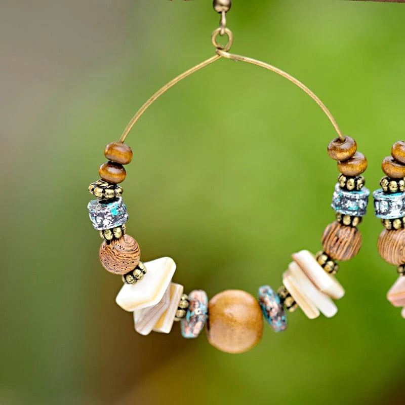 Bohemian Wood Beads Round Drop Earrings Blackbrdstore