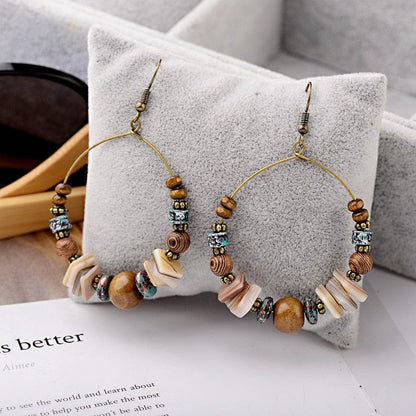 Bohemian Wood Beads Round Drop Earrings Blackbrdstore