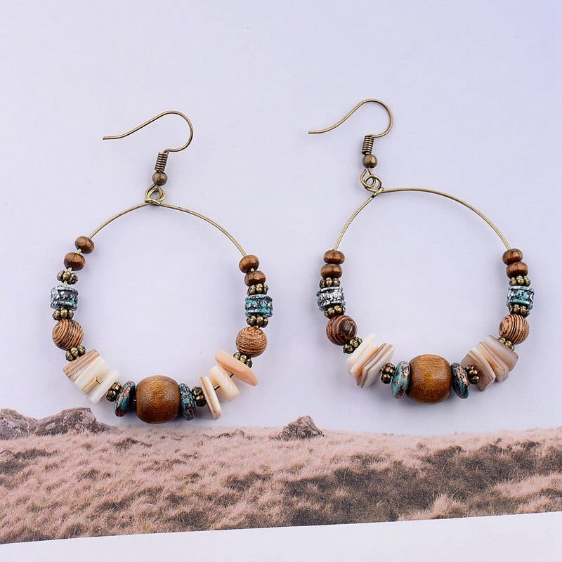 Bohemian Wood Beads Round Drop Earrings Blackbrdstore