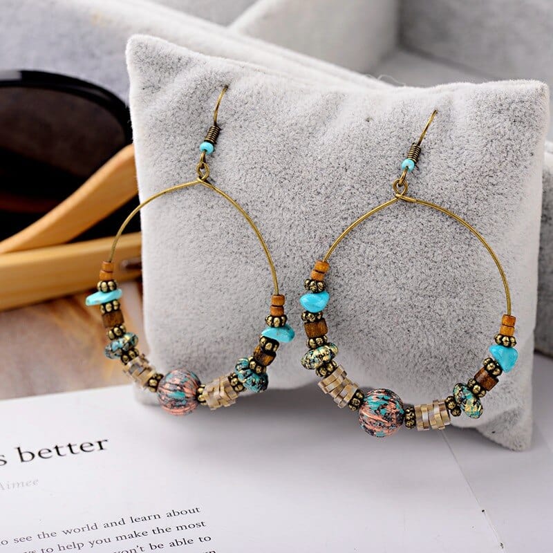 Bohemian Wood Beads Round Drop Earrings Blackbrdstore