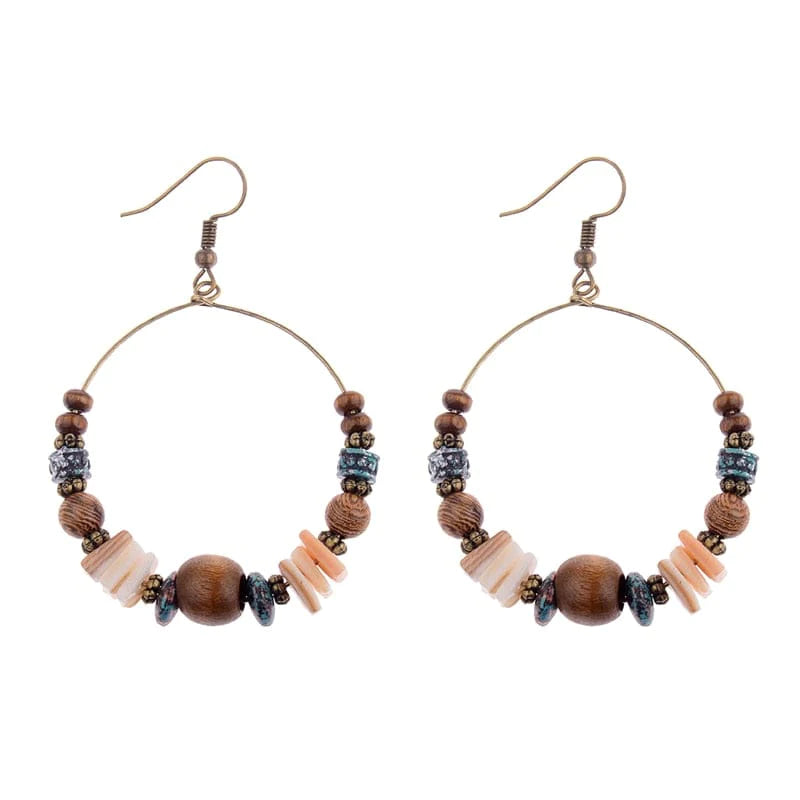 Bohemian Wood Beads Round Drop Earrings Blackbrdstore