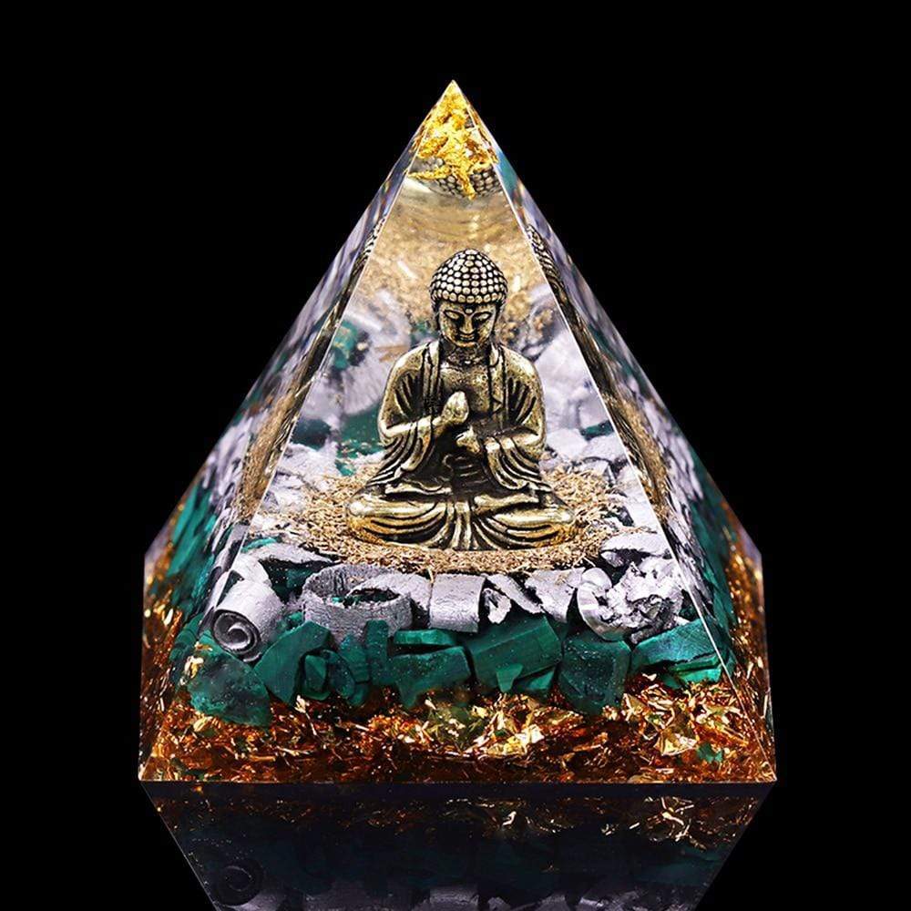 Buddha & Malachite Crystal Orgonite Pyramid Blackbrdstore