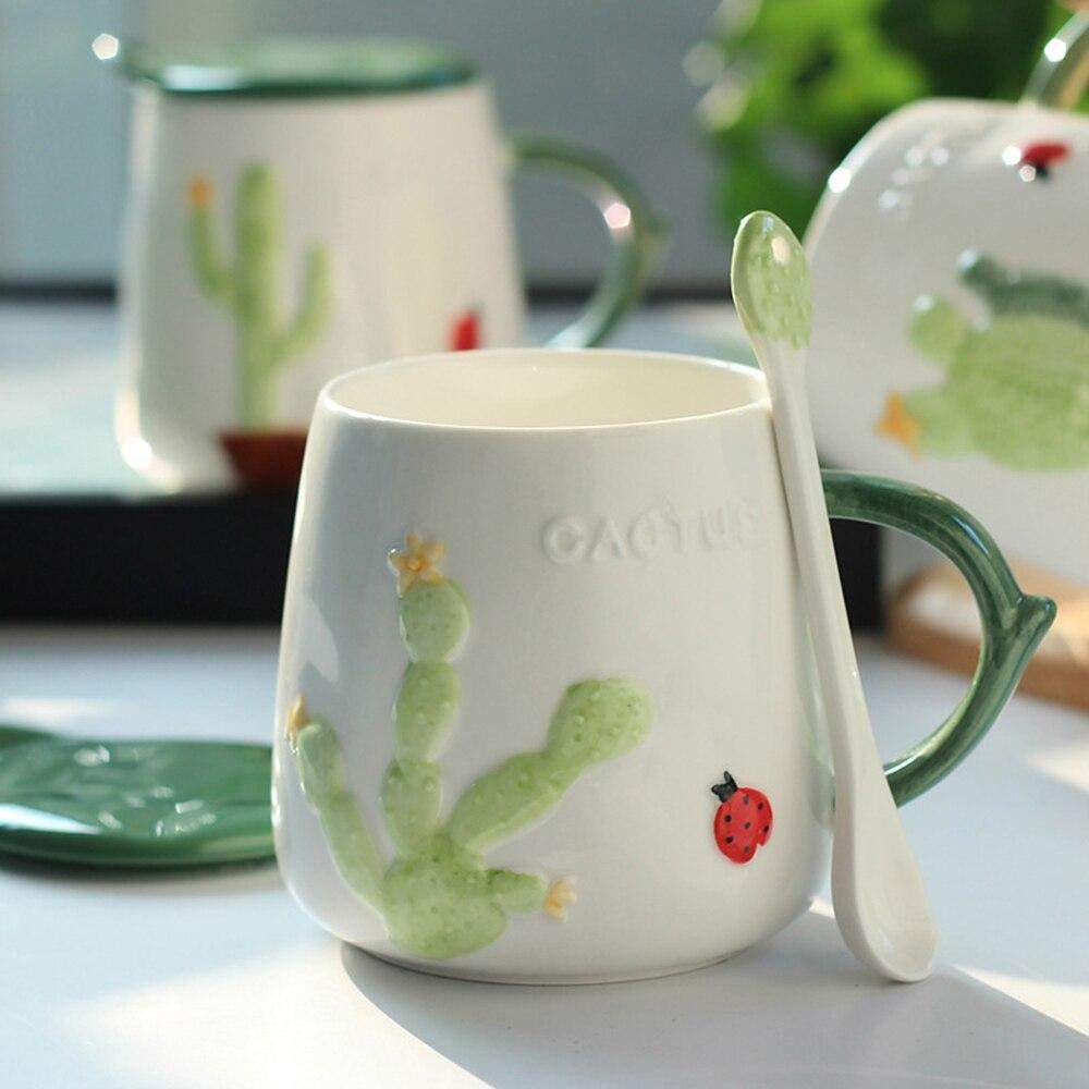Cactus Mug With Lid & Spoon Blackbrdstore