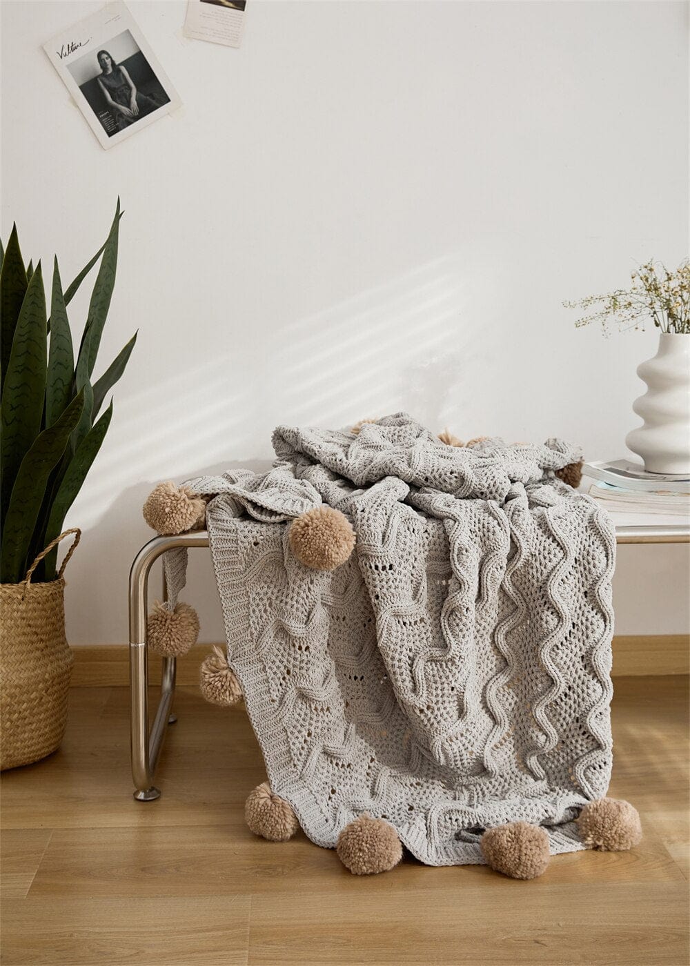 Chunky Pompoms Knitted Blanket Blackbrdstore