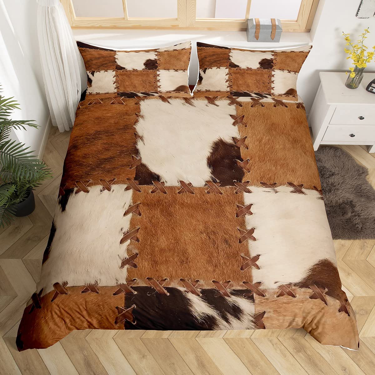 Cowhide Patchwork Bedding Set Blackbrdstore