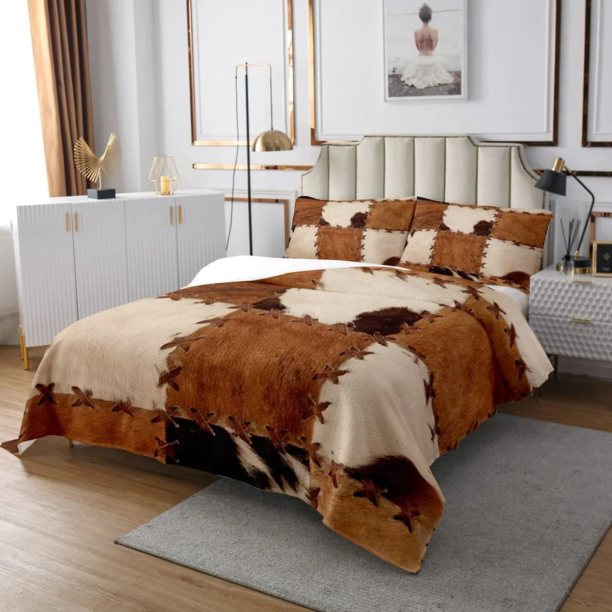 Cowhide Patchwork Bedding Set Blackbrdstore