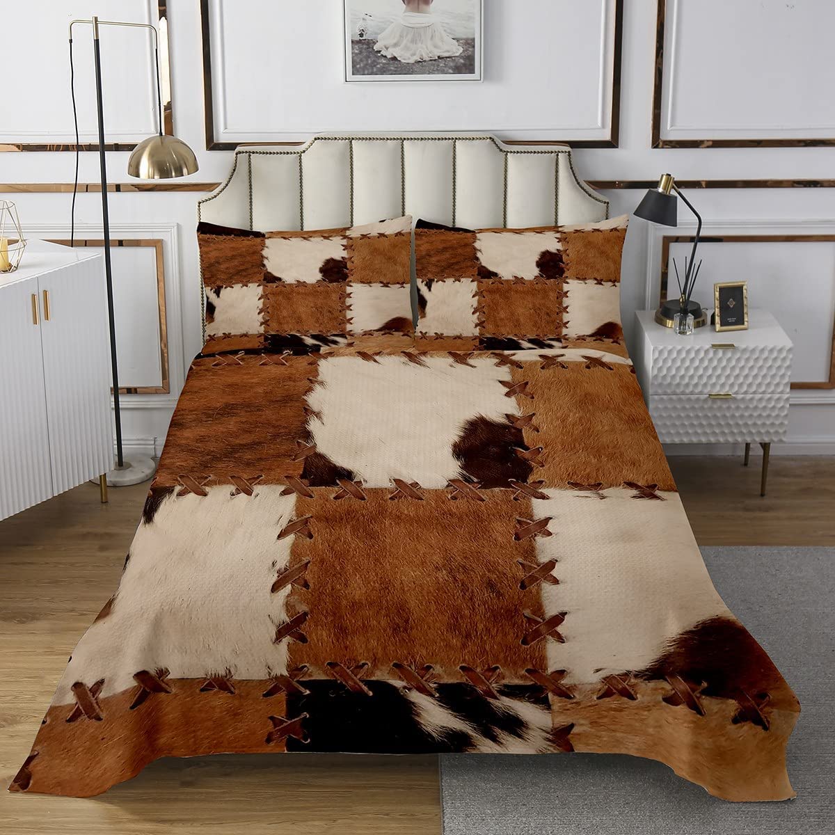 Cowhide Patchwork Bedding Set Blackbrdstore