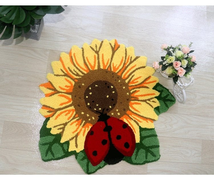 Delicate Sunflower and Ladybug Door Mat Blackbrdstore