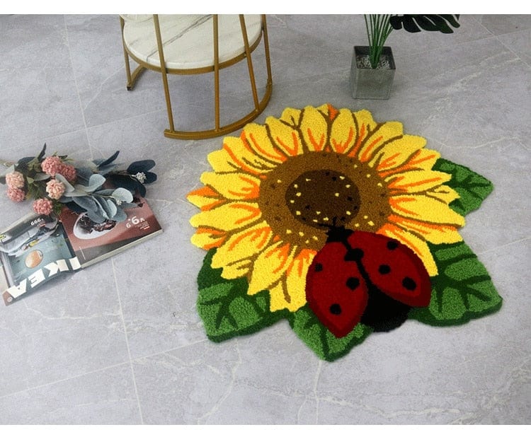 Delicate Sunflower and Ladybug Door Mat Blackbrdstore