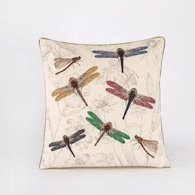 Dragonfly and Butterflies Colorful Embroidery Cushion Cover Blackbrdstore