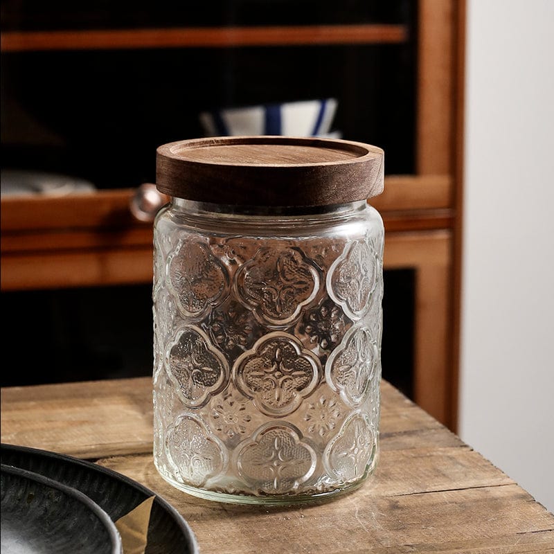Embossed Flower Glass Jar Blackbrdstore