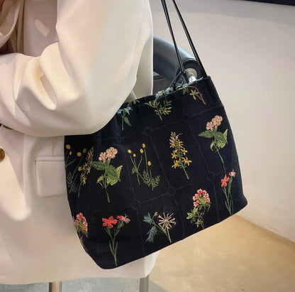 Embroidered Botanical Tote Bag Blackbrdstore