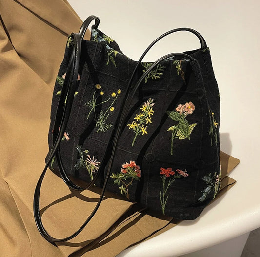 Embroidered Botanical Tote Bag Blackbrdstore
