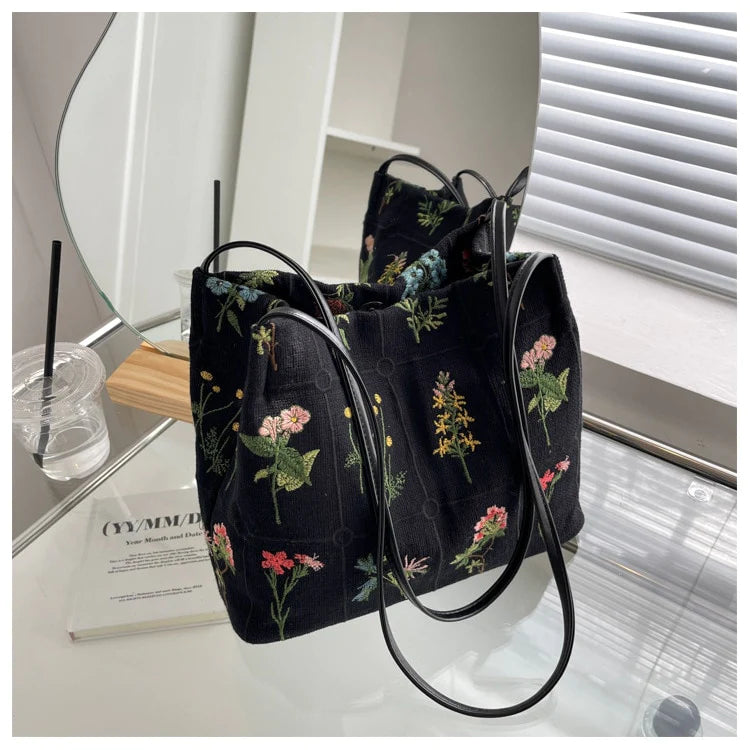 Embroidered Botanical Tote Bag Blackbrdstore