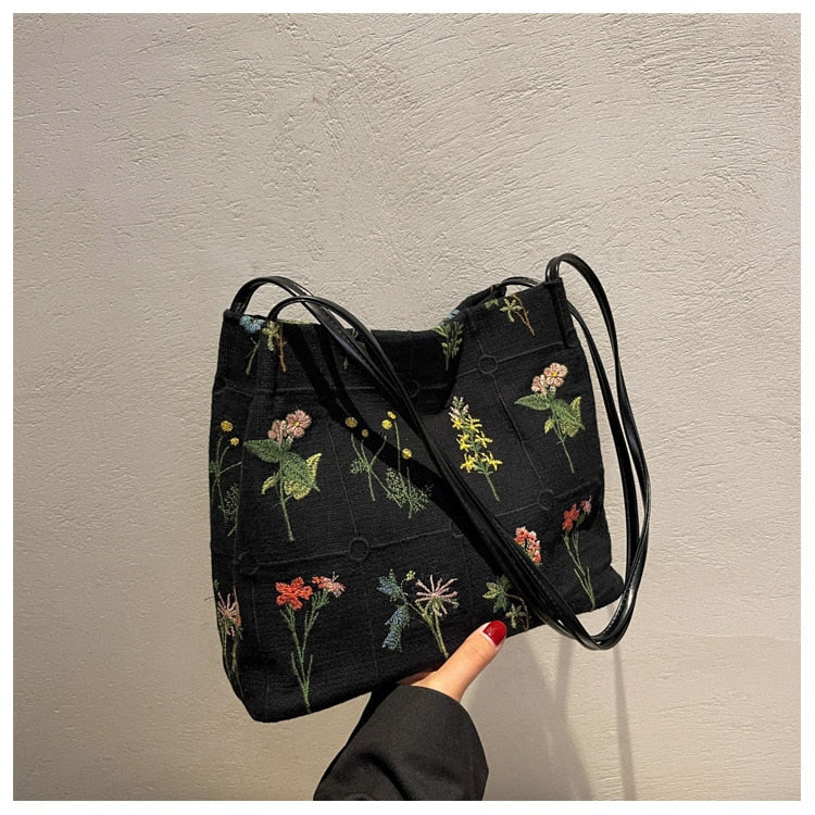 Embroidered Botanical Tote Bag Blackbrdstore